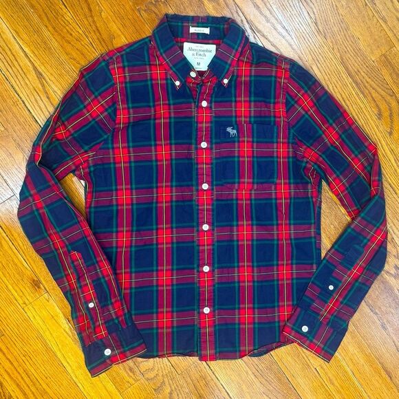 Abercrombie & Fitch Men’s Tartan Plaid Button Down Shirt Red Green Navy Medium - Picture 2 of 6